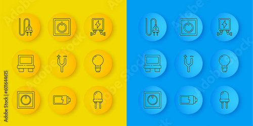 Set line Electric light switch, Fuse, cable, Light emitting diode, bulb with concept of idea, plug, transformer and icon. Vector