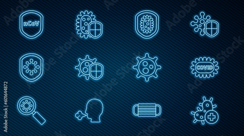 Set line Positive virus, Corona covid-19, Shield protecting from, Virus and icon. Vector