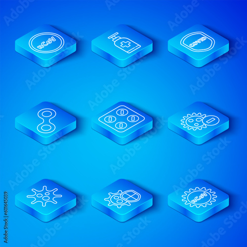 Set line Virus, Pills in blister pack, Shield protecting from virus, Negative, Corona 2019-nCoV and icon. Vector