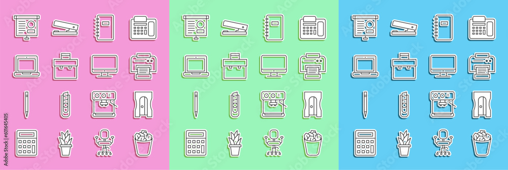 Set line Full trash can, Pencil sharpener, Printer, Spiral notebook, Briefcase, Laptop, Chalkboard with diagram and Computer monitor screen icon. Vector Set line Full trash can, Pencil sharpener, Printer, Spiral notebook, Briefcase, Laptop, Chalkboard with diagram and Computer monitor screen icon. Vector