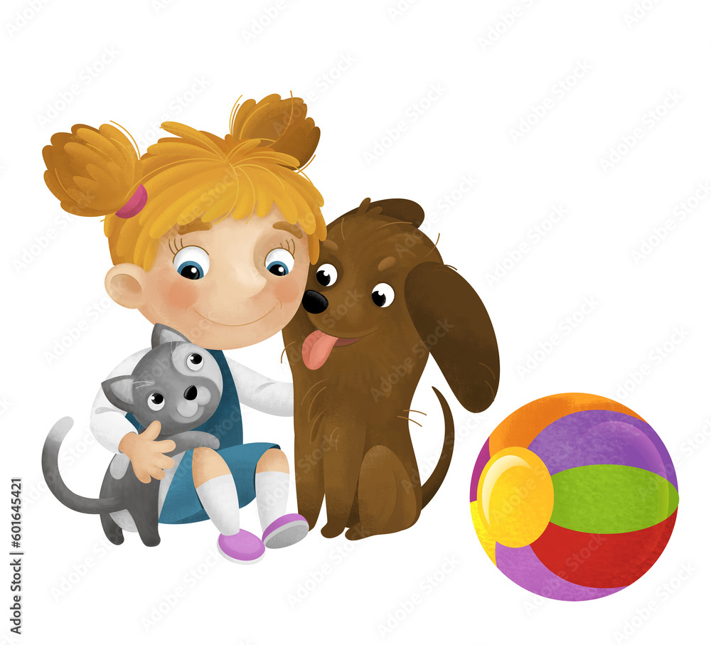 cartoon scene with school girl playing ball having fun with dogs illustration for children cartoon scene with school girl playing ball having fun with dogs illustration for children