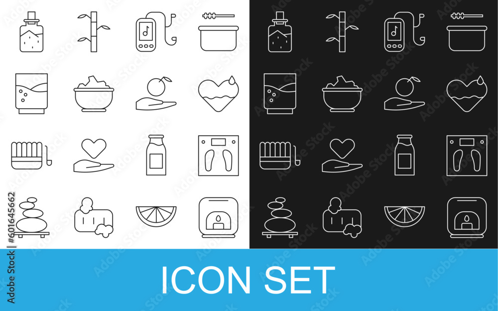 Fototapeta premium Set line Aroma lamp, Bathroom scales, Heart heal, Music player, Sea salt in bowl, Glass with water, Spa and Apple hand icon. Vector