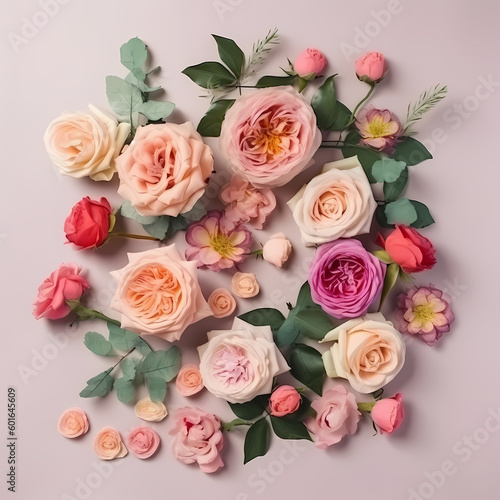 Rose Flowers Composition On Pastel Color Background Illustration