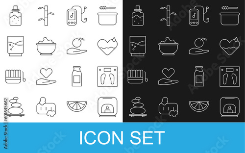 Set line Aroma lamp, Bathroom scales, Heart heal, Music player, Sea salt in bowl, Glass with water, Spa and Apple hand icon. Vector