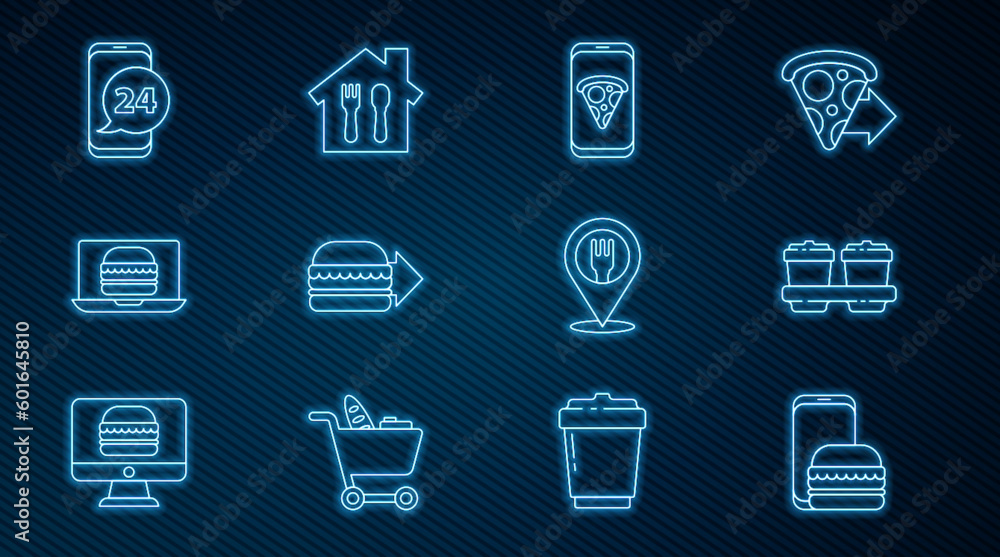 Set line Online ordering and delivery, Coffee cup to go, Food pizza, burger, Cafe restaurant location and icon. Vector Set line Online ordering and delivery, Coffee cup to go, Food pizza, burger, Cafe restaurant location and icon. Vector