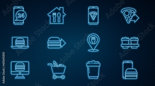 Set line Online ordering and delivery, Coffee cup to go, Food pizza, burger, Cafe restaurant location and icon. Vector