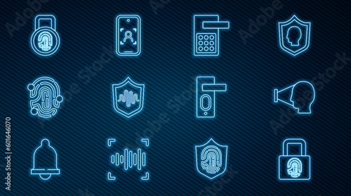 Set line Fingerprint with lock, Face recognition, Digital door, Shield voice, and Mobile and face icon. Vector