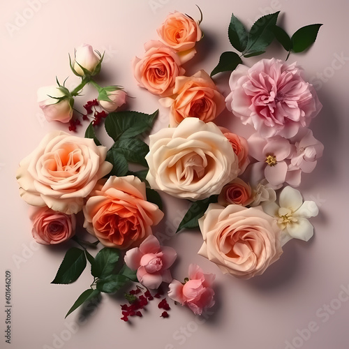 Rose Flowers Composition On Pastel Color Background Illustration © imazydreams