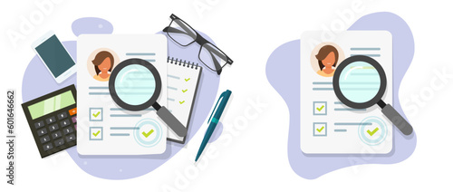 Human resources recruit manage job research vector icon graphic illustration flat design, candidate search personal employee information, customer info data research audit clipart image photo