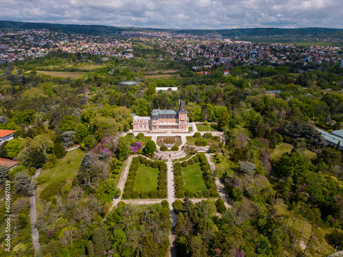 Aerial view of the historic Euxinograd palace in Varna, Bulgaria. Admire the grand architecture and lush gardens of this magnificent estate, situated along the beautiful Black Sea coast. photo