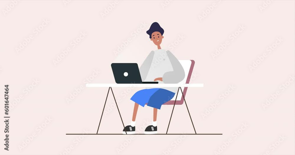 Man Working on a Laptop, Typing and Receiving Notifications 2D Animation. Freelancer Concept. Man Working on a Laptop, Typing and Receiving Notifications 2D Animation. Freelancer Concept.