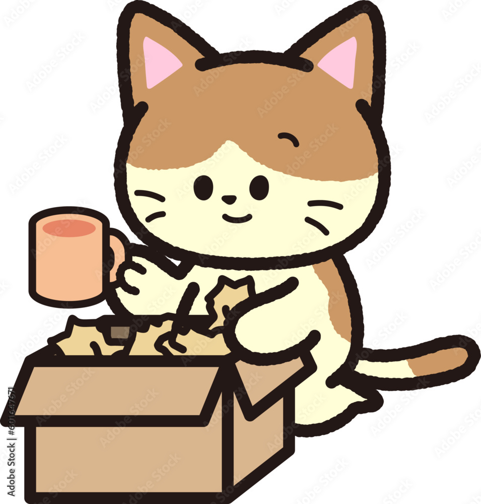 荷物を段ボールから取り出す茶色いハチワレ猫