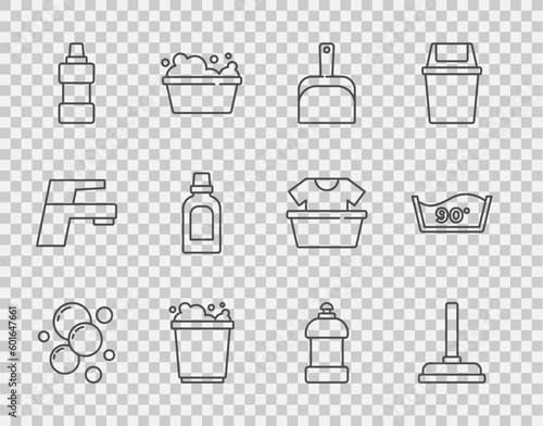 Set line Soap water bubbles, Rubber plunger, Dustpan, Bucket with foam, Bottle for cleaning agent, and Temperature wash icon. Vector
