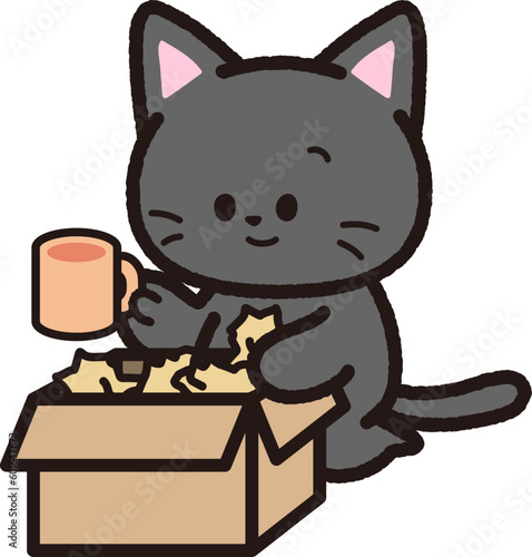 荷物を段ボールから取り出す黒猫