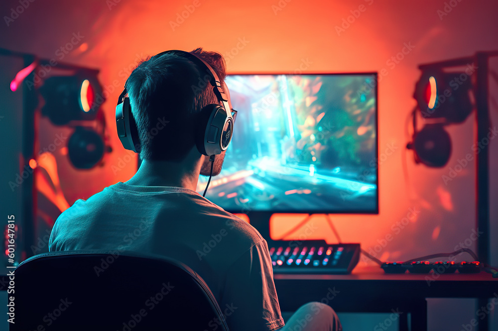 Online Gaming Enthusiast Wearing Headphones and Focused on Screen Monitor for Esports Competition. created with Generative A Online Gaming Enthusiast Wearing Headphones and Focused on Screen Monitor for Esports Competition. created with Generative A