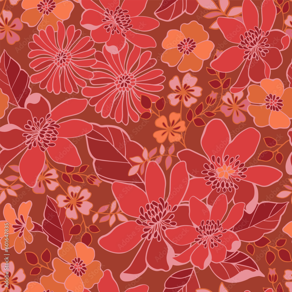 Retro flowers in the style of the 70s. Shades of red, seamless pattern.