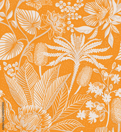 Seamless tropical pattern. Lacy pattern of palm trees on an orange background. Papercut pattern. 