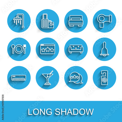 Set line Air conditioner, Martini glass, Shower, Five stars rating review, Please do not disturb, Hotel service bell and Sofa icon. Vector