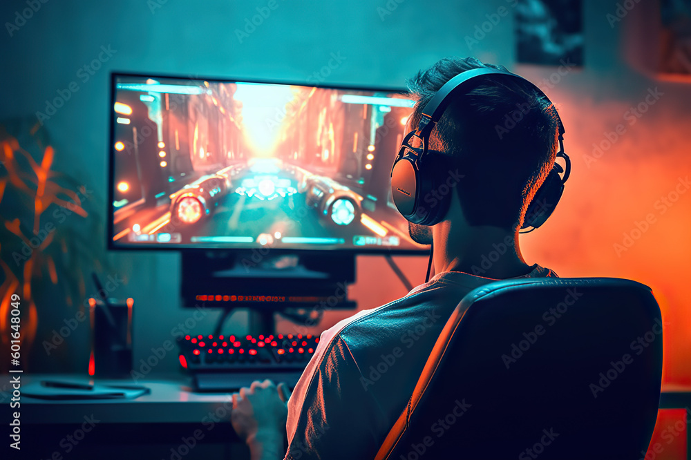 Online Gaming Enthusiast Wearing Headphones and Focused on Screen Monitor for Esports Competition. created with Generative A Online Gaming Enthusiast Wearing Headphones and Focused on Screen Monitor for Esports Competition. created with Generative A