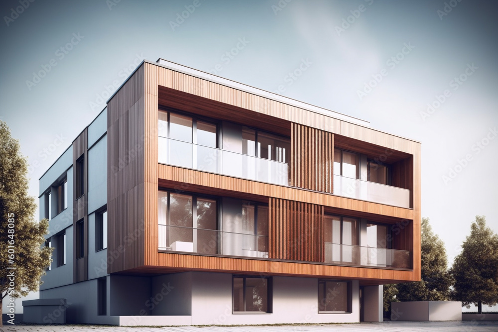 Fototapeta premium Modern residential building with brown facade at the white background