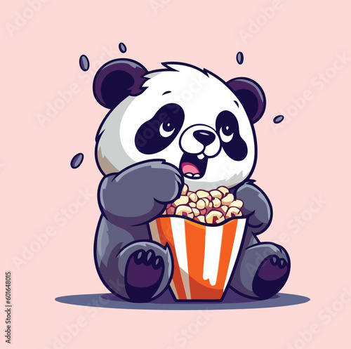 Cute Panda Eat Pop Corn Cartoon Style Isolated Mascot Character Icon Vector Illustration