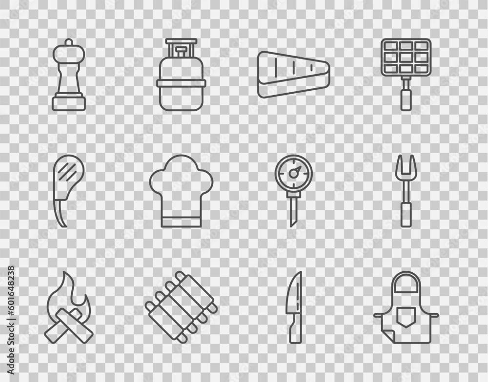 Set line Campfire, Kitchen apron, Steak meat, Grilled pork bbq ribs, Pepper, Chef hat, Barbecue knife and fork icon. Vector Set line Campfire, Kitchen apron, Steak meat, Grilled pork bbq ribs, Pepper, Chef hat, Barbecue knife and fork icon. Vector