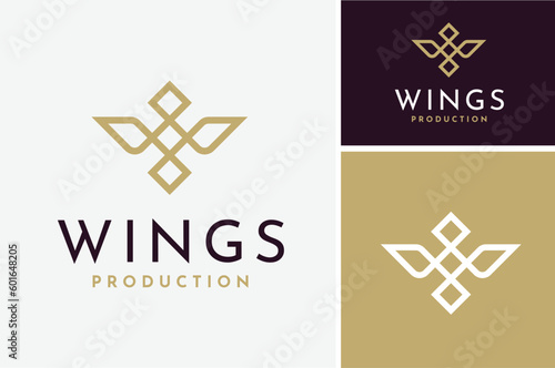 Simple luxury gold wings bird logo design, elegant golden initial letter W crown