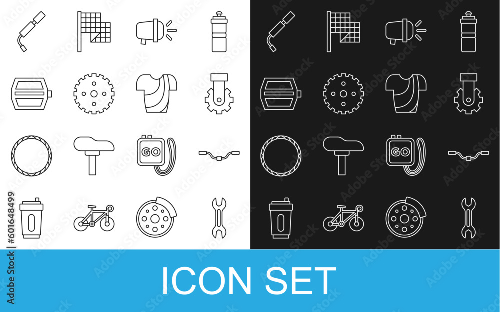 Set line Wrench spanner, Bicycle handlebar, Derailleur bicycle rear, head lamp, sprocket crank, pedal, air pump and Cycling t-shirt icon. Vector