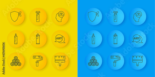 Set line Paint spray can, Marker pen, brush, Speech bubble with text art, Vandal, Spray nozzle cap and icon. Vector