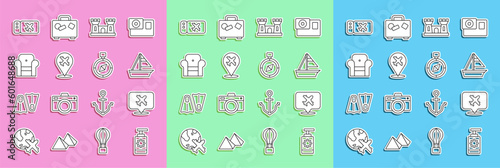 Set line Sunscreen spray bottle, Speech bubble with airplane, Yacht sailboat, Sand castle, Plane, Armchair, Airline ticket and Compass icon. Vector