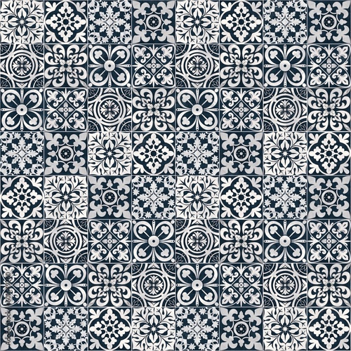Portuguese traditional tiles Azulejos, seamless pattern design. Blue and white