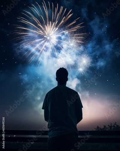 A man's silhouette is captured against a vibrant firework display in the night sky. The photo depicts a joyful holiday celebration full of colors, lights, and festive emotions. Generative AI.