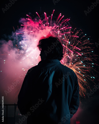 A man's silhouette is captured against a vibrant firework display in the night sky. The photo depicts a joyful holiday celebration full of colors, lights, and festive emotions. Generative AI.