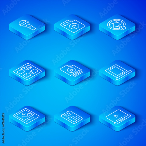 Set line Photo frame, MOV file document, Cinema ticket, Makeup mirror with lights, Camera shutter, Storyboard, Microphone and Online play video icon. Vector