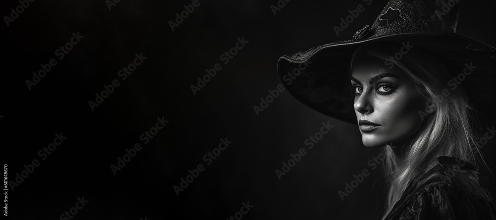 Black and white photorealistic studio portrait of a beautiful witch on black background. Generative AI illustration Black and white photorealistic studio portrait of a beautiful witch on black background. Generative AI illustration