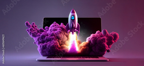 Fotografering Rocket coming out of laptop screen, black purple background
