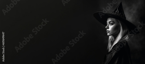 Black and white photorealistic studio portrait of a beautiful witch on black background. Generative AI illustration