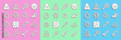 Set line Hand saw, Witch hat, Hermes sandal, Magic hand mirror, Voodoo doll, stone ring with gem, Ghost and Poison apple icon. Vector