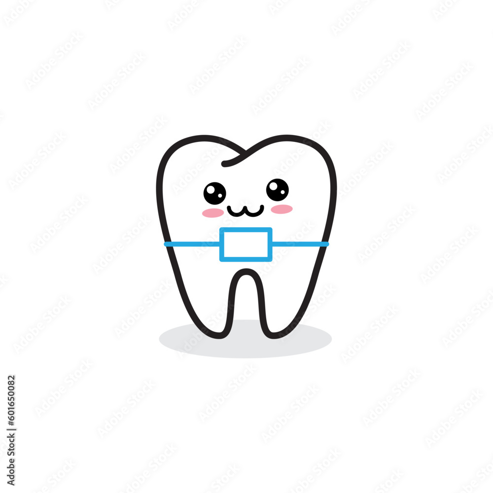 Cute kawaii happy teeth with metal brace. Orthodontic treatment, bite ...