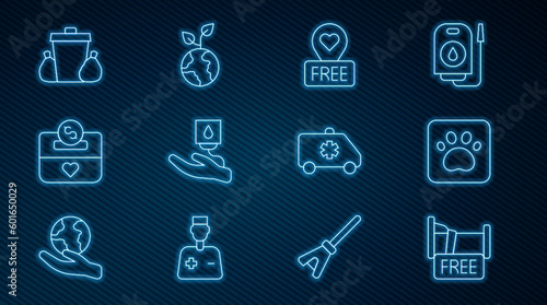Set line Free overnight stay house, Paw print, Location with heart, Blood donation, Donation and charity, Trash can, Emergency car and Volunteer team planting trees icon. Vector