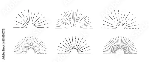 Sunburst linear icon collection. Bursting rays, firework or starburst design elements, halves, explosion, fireworks, black rays illustration