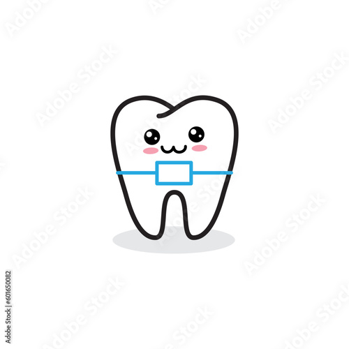 Cute kawaii happy teeth with metal brace. Orthodontic treatment, bite correction or jaw alignment concept character