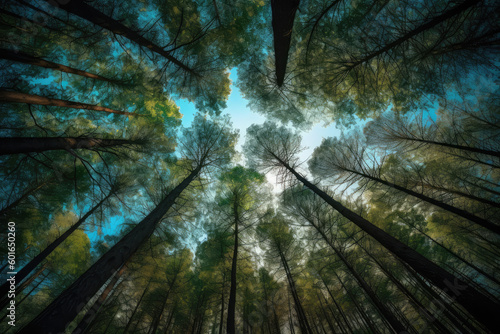 Clear blue sky and green trees seen from below. Carbon neutrality concept presented in a vertical format. Pictures for Earth Day or World Environment Day desktop backgrounds. Generative AI 
