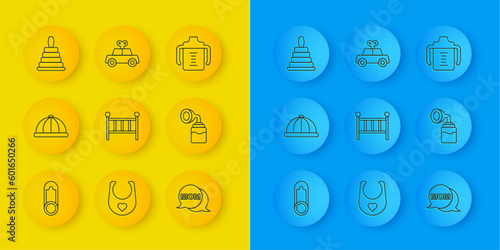 Set line Baby clothes pin, hat, crib cradle bed, Speech bubble mom, Breast pump, Pyramid toy, bottle and Toy car icon. Vector