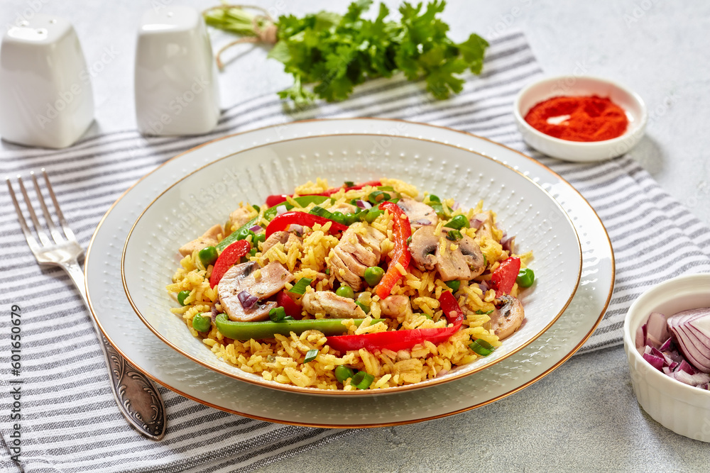 chicken mushroom paella with pepper, green peas chicken mushroom paella with pepper, green peas