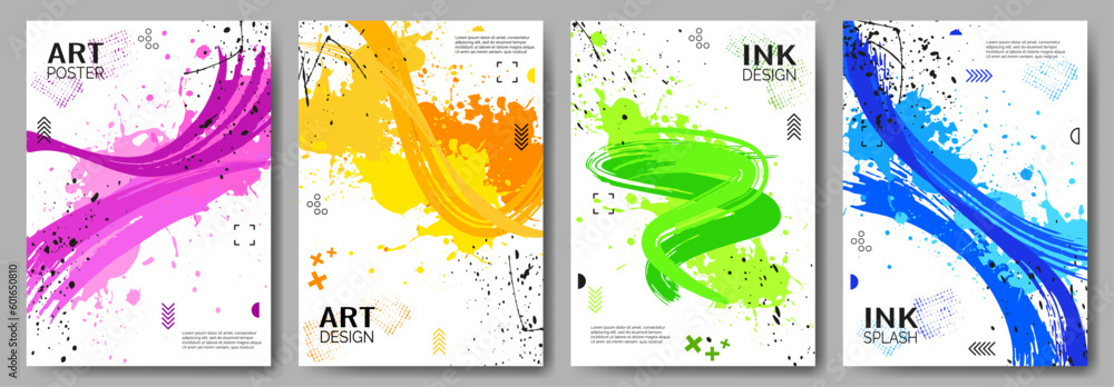 Set of colorful posters. Bright splashes of paint, brush strokes, splashes of ink for use in design. Design for cover, book, banner, flyer, magazine, web background. Vector illustration.