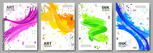 Set of colorful posters. Bright splashes of paint, brush strokes, splashes of ink for use in design. Design for cover, book, banner, flyer, magazine, web background. Vector illustration.