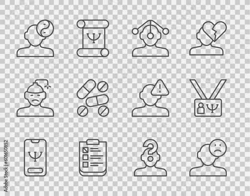 Set line Online psychological counseling, Sad and depressed man, bad mood, Hypnosis, Psychological test, Yin Yang symbol, Medicine pill or tablet, Human with question mark and Psychology icon. Vector