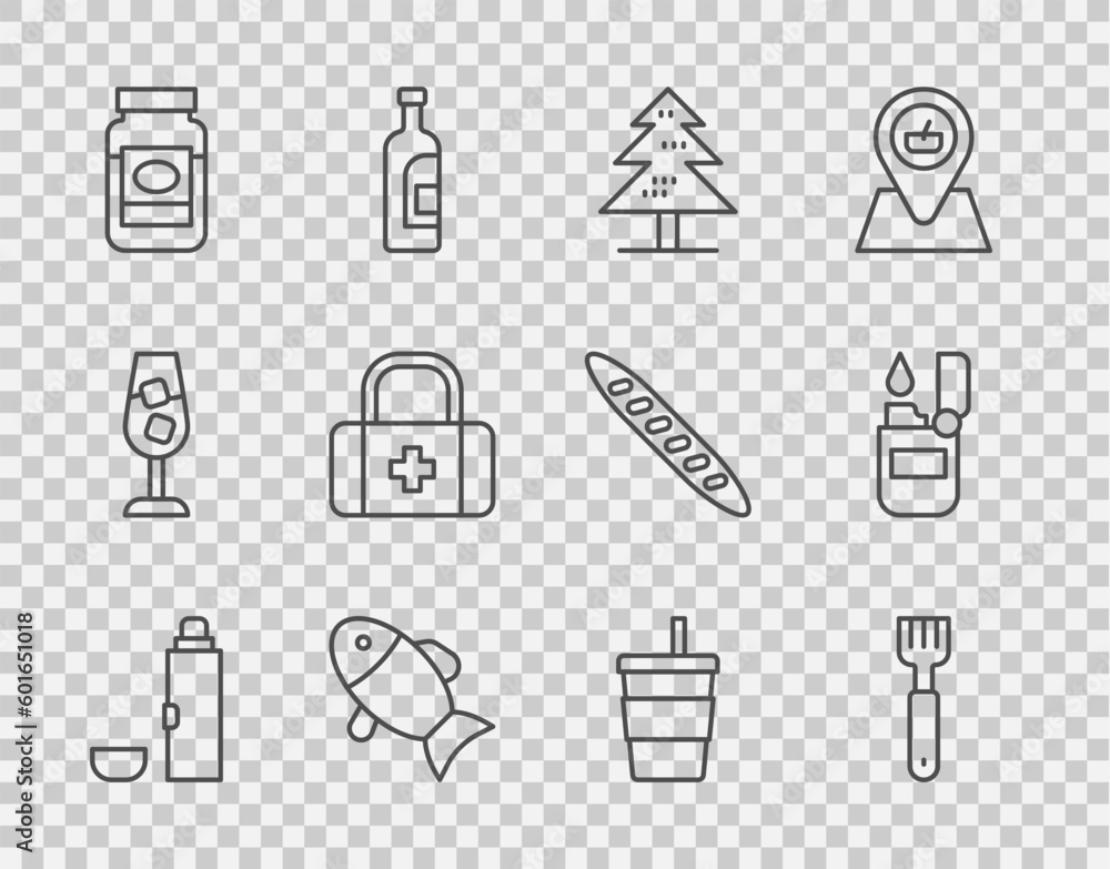 Set line Thermos container, Fork, Tree, Fish, Jam jar, First aid kit, Paper glass with water and Lighter icon. Vector Set line Thermos container, Fork, Tree, Fish, Jam jar, First aid kit, Paper glass with water and Lighter icon. Vector