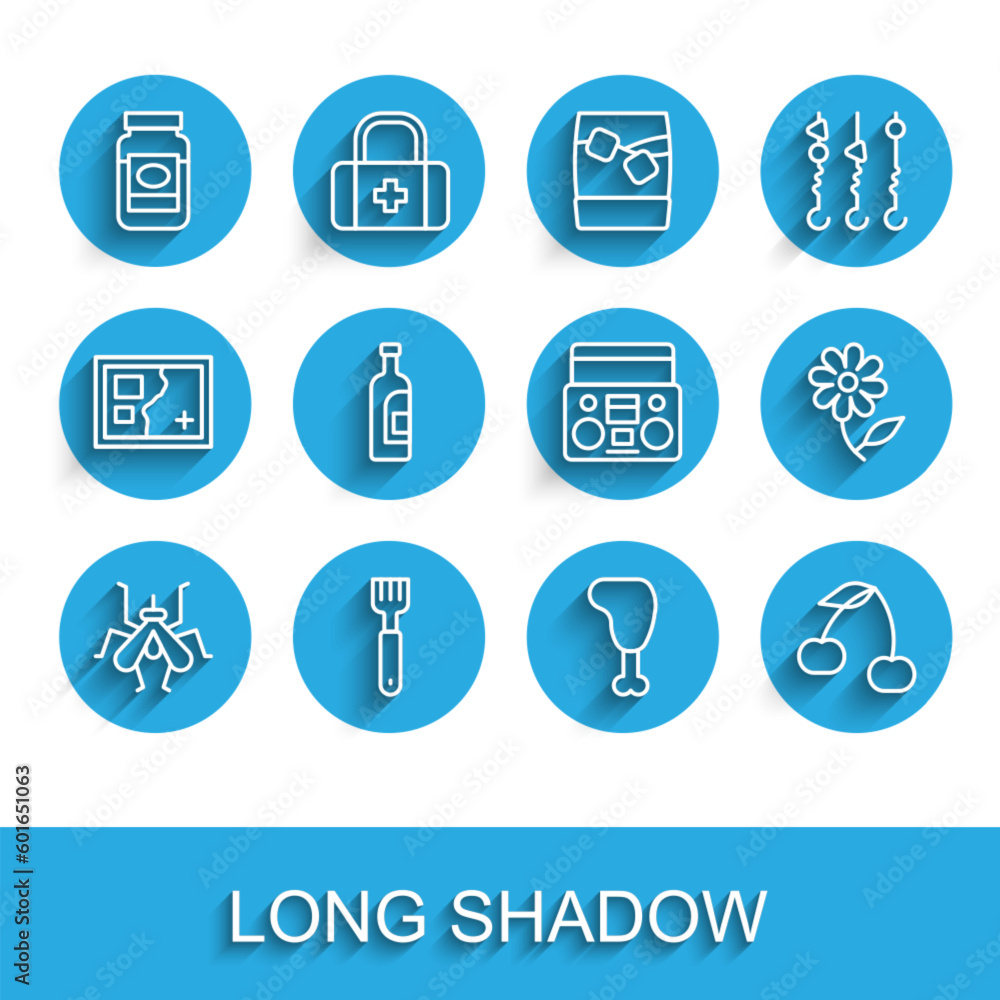 Set line Mosquito, Fork, Jam jar, Chicken leg, Cherry, Bottle of wine, Flower and Home stereo with two speakers icon. Vector Set line Mosquito, Fork, Jam jar, Chicken leg, Cherry, Bottle of wine, Flower and Home stereo with two speakers icon. Vector
